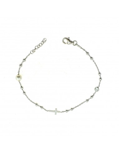 Bracciale rosario a sfera liscia da 2,5 mm. placcato oro bianco con croce centrale, perla e zircone laterali in argento 925