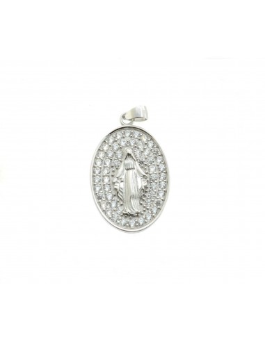 Medaglia miracolosa placcata oro bianco su base di zirconi bianchi in argento 925
