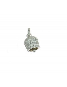 Bell pendant 12x12 mm. white gold plated with white cubic zirconia and round zirconia counter-link in 925 silver