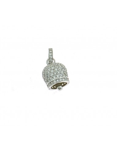 Bell pendant 12x12 mm. white gold plated with white cubic zirconia and round zirconia counter-link in 925 silver