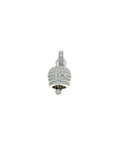Bell charm 9.5x8.5 mm. white gold plated with white cubic zirconia and round zirconia counter-link in 925 silver