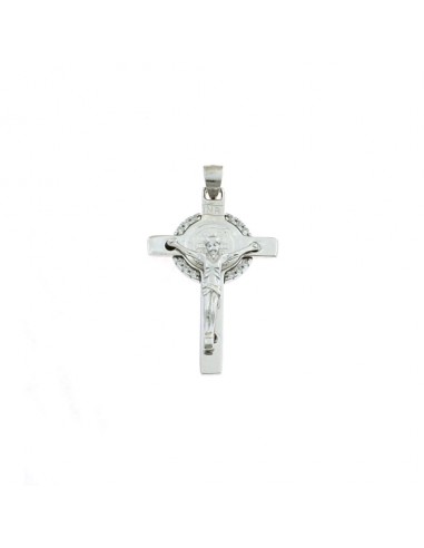 Cross pendant 22x35 mm. white gold plated with christ and white zircons in 925 silver