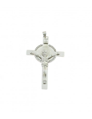 Cross pendant 32x51 mm. white gold plated with christ and white zircons in 925 silver