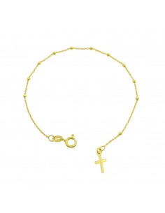 Bracciale rosario a sfera faccettata da 2 mm con croce a lastra placcato oro giallo in argento 925
