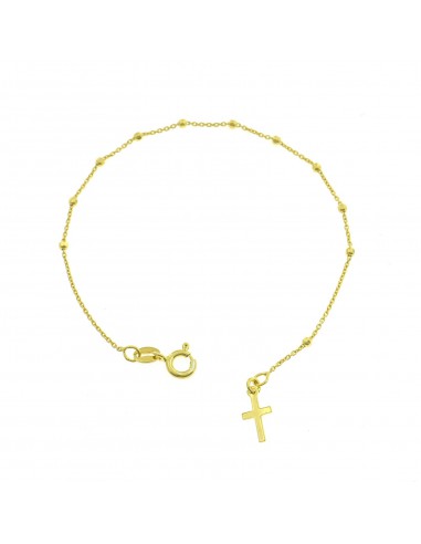 Bracciale rosario a sfera faccettata da 2 mm con croce a lastra placcato oro giallo in argento 925