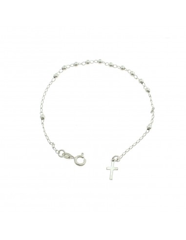 Bracciale rosario a sfera liscia da 3 mm con croce a lastra terminale placcato oro bianco in argento 925
