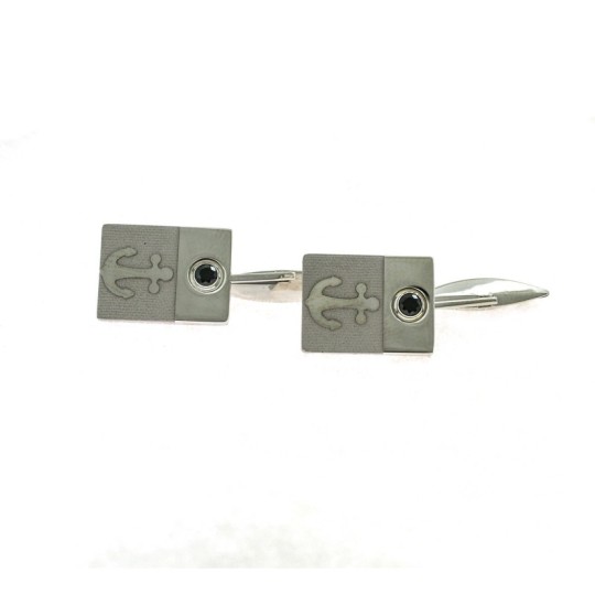 White gold plated rectangular cufflinks with engraved anchor on a satin base and black zircon in 925 silver
