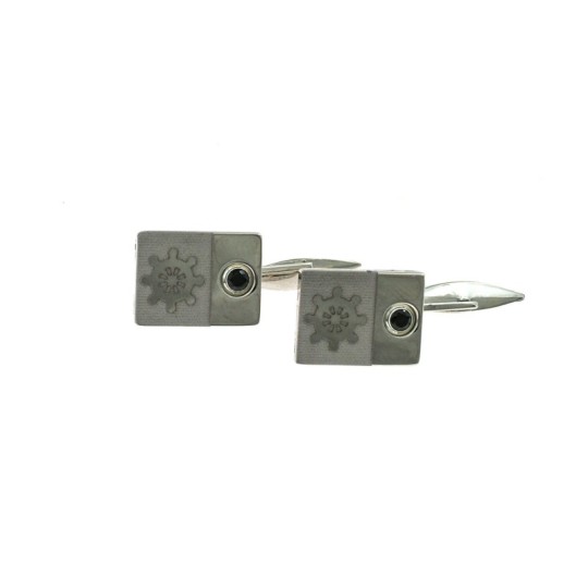 Rectangular white gold plated cufflinks with engraved rudder on a satin base and black zircon in 925 silver