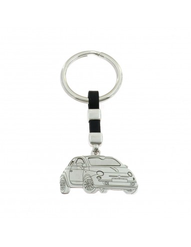 Keychain with black leather cord and plate machine with satinized details in 925 silver