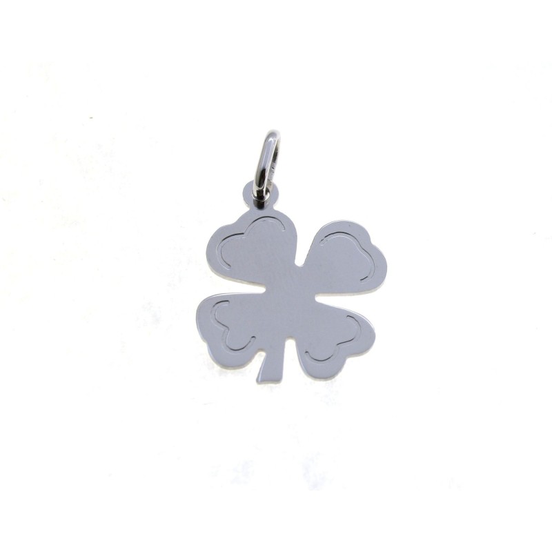 Ciondolo quadrifoglio a lastra inciso 14x14 mm. placcato oro bianco in argento 925
