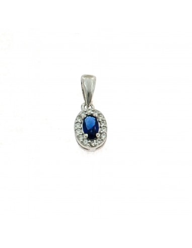 Blue oval zircon pendant 6x8 mm. on a white gold plated base with white zircons frame in 925 silver