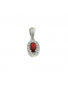 Red oval zircon pendant 6x8 mm. on a white gold plated base with white zircons frame in 925 silver