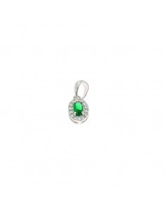 Green oval zircon pendant 6x8 mm. on a white gold plated base with white zircons frame in 925 silver