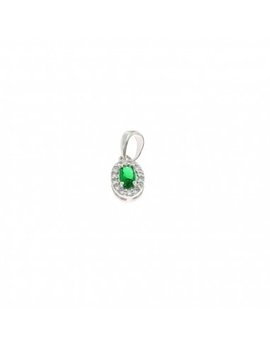 Green oval zircon pendant 6x8 mm. on a white gold plated base with white zircons frame in 925 silver