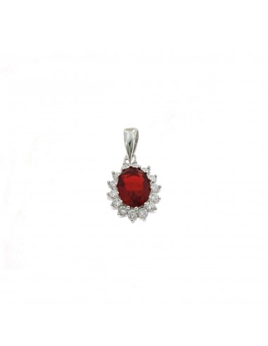 Red oval zircon pendant 9x11 mm. on a white gold plated base with a white zircon jaws frame in 925 silver