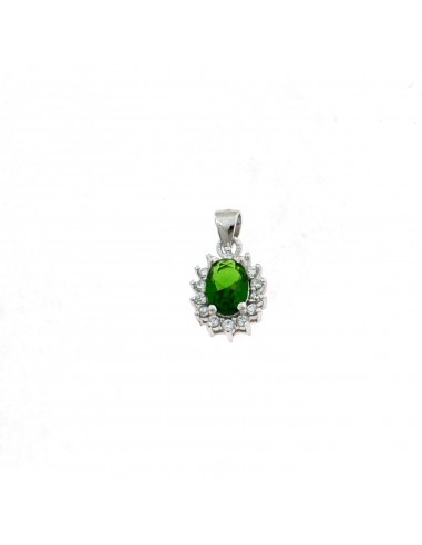 Green oval zircon pendant 9x11 mm. on a white gold plated base with a white zircon jaws frame in 925 silver