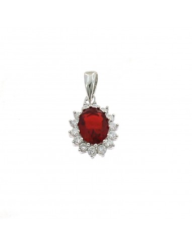 10x12 mm pendant with red oval zircon in white zircon frame white gold plated 925 silver