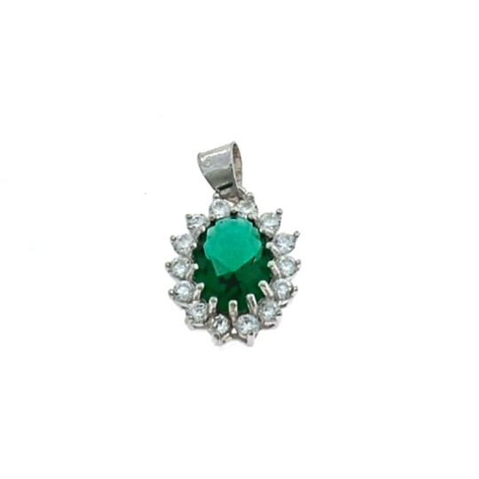 Ciondolo da 10x12 mm con zircone ovale verde in cornice di zirconi bianchi placcato oro bianco in argento 925