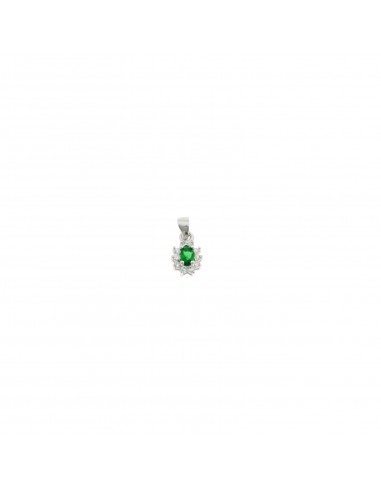 Green oval zircon pendant 7x8 mm. on a white gold plated base with a white zircon jaws frame in 925 silver