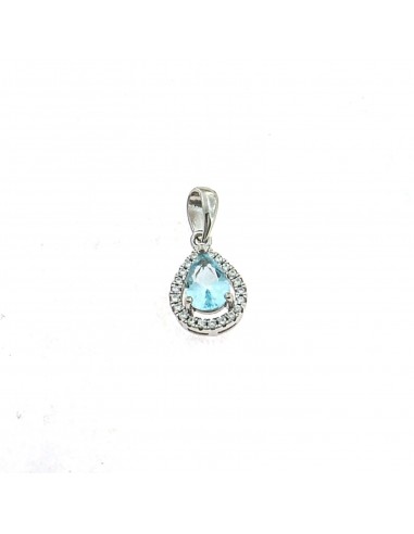 Aquamarine drop zircon pendant 8x11 mm. on a white gold plated base with white zircons frame in 925 silver