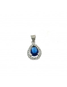 Blue drop zircon pendant 8x11 mm. on a white gold plated base with white zircons frame in 925 silver