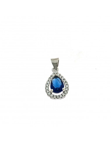 Blue drop zircon pendant 8x11 mm. on a white gold plated base with white zircons frame in 925 silver