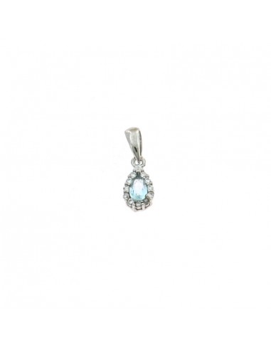 Aquamarine drop zircon pendant 5x7 mm. on a white gold plated base with white zircons frame in 925 silver