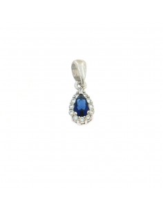 Blue drop zircon pendant 5x7 mm. on a white gold plated base with white zircons frame in 925 silver