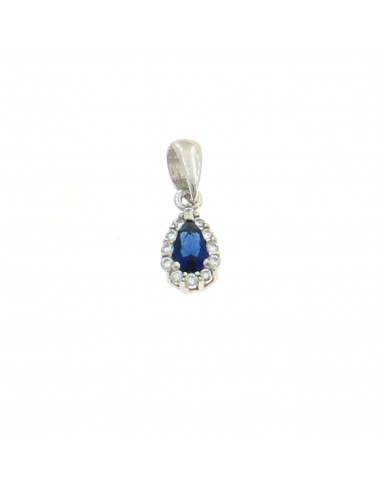 Blue drop zircon pendant 5x7 mm. on a white gold plated base with white zircons frame in 925 silver