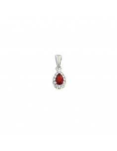 Red drop zircon pendant 5x7 mm. on a white gold plated base with white zircons frame in 925 silver