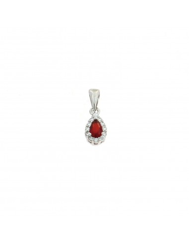 Red drop zircon pendant 5x7 mm. on a white gold plated base with white zircons frame in 925 silver