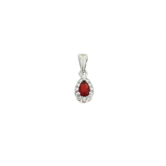 Ciondolo zircone a goccia rosso 5x7 mm. su base placcata oro bianco con cornice di zirconi bianchi in argento 925