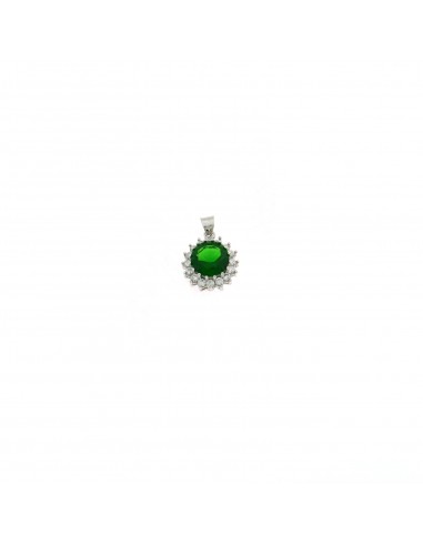 Green round zircon pendant ø 12 mm. on a white gold plated base with a white zircon jaws frame in 925 silver