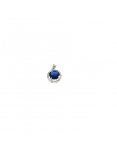 Blue round zircon pendant ø 11 mm. on a white gold plated base with white zircons frame in 925 silver