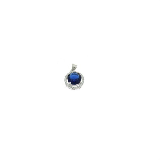 Ciondolo zircone tondo blu ø 11 mm. su base placcata oro bianco con cornice di zirconi bianchi in argento 925