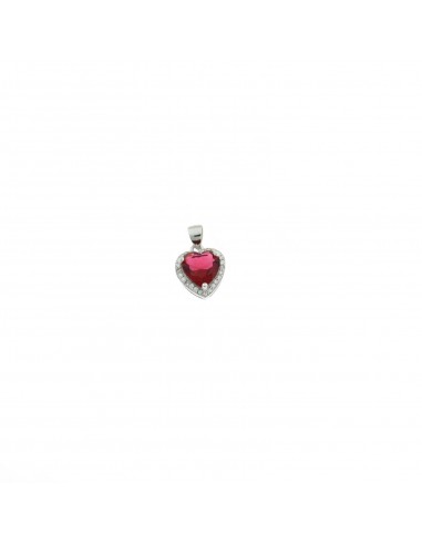 Red heart zircon pendant 10x11 mm. on a white gold plated base with white zircons frame in 925 silver