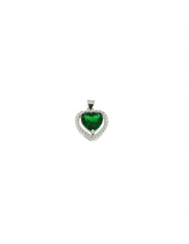 Ciondolo zircone cuore verde 12x13 mm. su base placcata oro bianco con cornice di zirconi bianchi in argento 925
