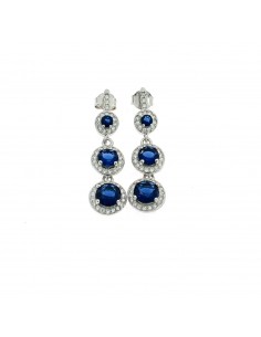 Pendant earrings white gold plated 3 round blue degradé zircons with white zircons frame in 925 silver