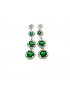 Pendant earrings white gold plated 3 round green degradé zircons with white zircons frame in 925 silver