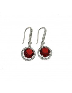 White gold plated pendant earrings round red zircon with frame and hook of white zircons in 925 silver
