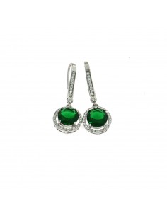 White gold plated pendant earrings with round green zircon with frame and hook of white zircons in 925 silver