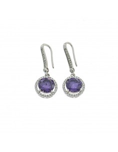 White gold plated pendant earrings with purple round zircon with frame and hook of white zircons in 925 silver