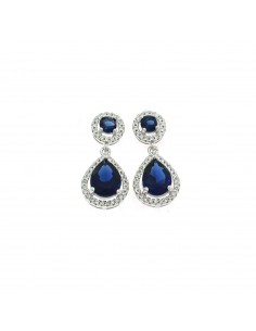 White gold plated pendant earrings with light point and blue drop zircon with white zircon frame in 925 silver
