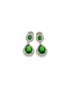 White gold plated pendant earrings with light point and green drop zircon with white zircon frame in 925 silver
