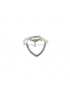 Adjustable white gold plated ring with 14x14 mm wire curved heart in 925 silver