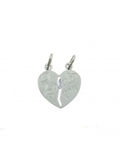 Divisible plate heart pendant with engraved "I love you" written in white gold plated 925 silver