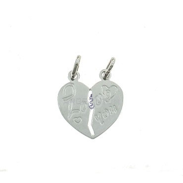 Divisible plate heart pendant with engraved "I love you" written in white gold plated 925 silver