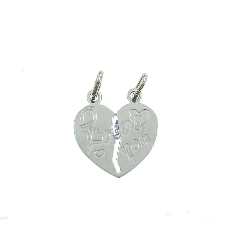 Divisible plate heart pendant with engraved "I love you" written in white gold plated 925 silver