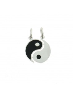 Divisible pendant tao plate white gold plated with black enamel in 925 silver