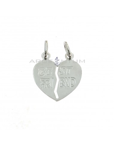 Divisible heart pendant in white gold plated with "best friend" inscription engraved in 925 silver